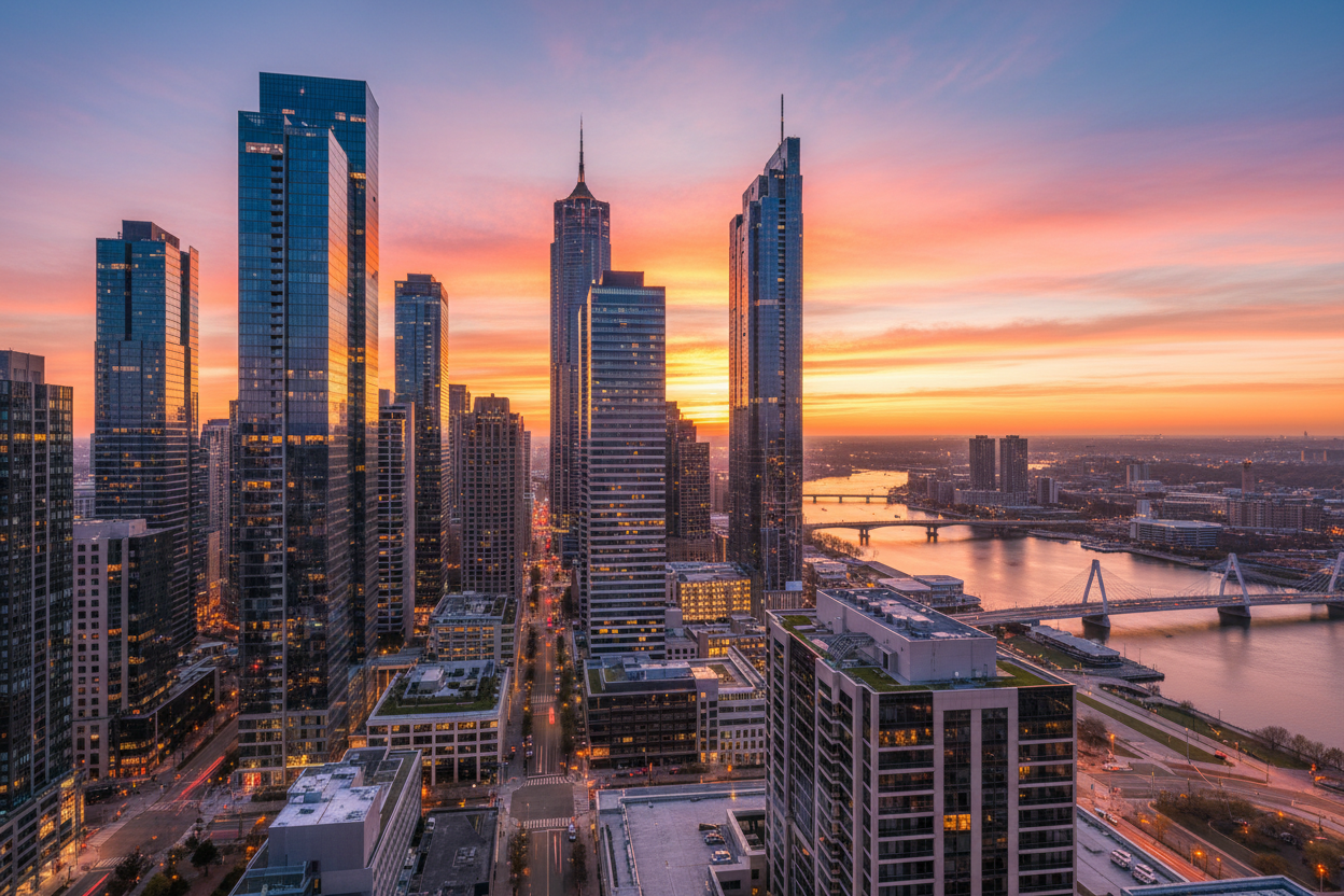 Downtown business district at sunset